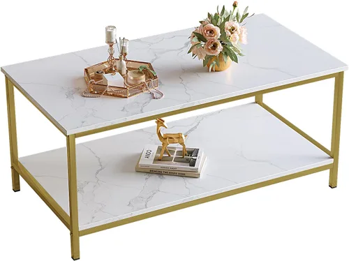 Miniatura 8 de SAYGOER Mesa de centro con almacenamiento de 2 niveles, mesa central industrial para sala de estar, mesa de madera rectangular para espacios Beige