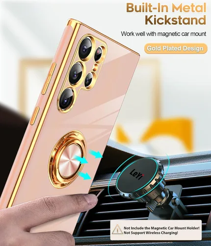 Miniatura 5 de LeYi Funda para Samsung Galaxy S22 Ultra con Soporte de Anillo Giratorio de 360°, Soporte Magnético con Patilla, Borde Chapado en Oro Rosa Protector