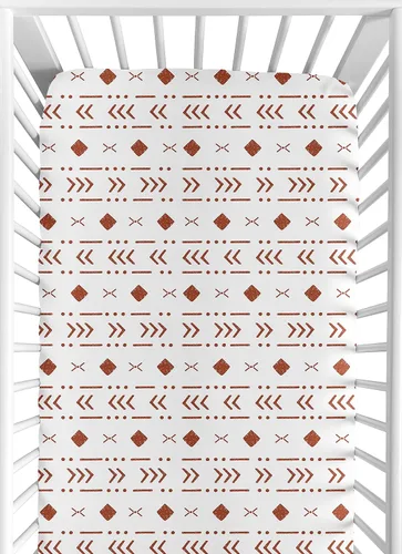 Sweet Jojo Designs White Rust Boho Tribal Mudcloth - Sábana bajera ajustable para cuna para bebé o niño pequeño, color naranja, bosque, bohemio,