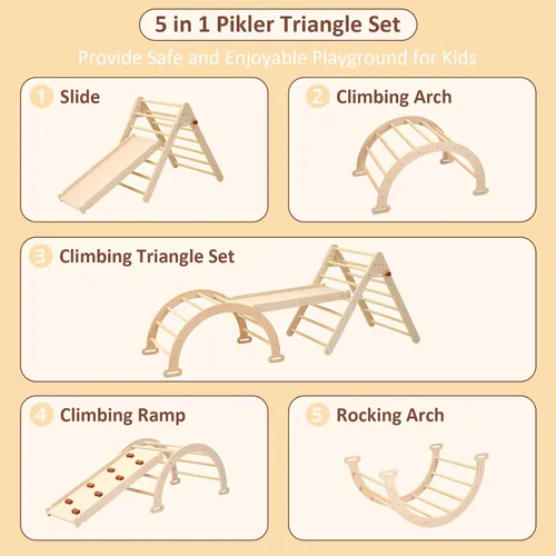 Miniatura 6 de PairPear Pikler - Juego de escalada triangular plegable para niños, 7 en 1, Montessori, grandes juguetes de escalada de madera, gimnasio de selva