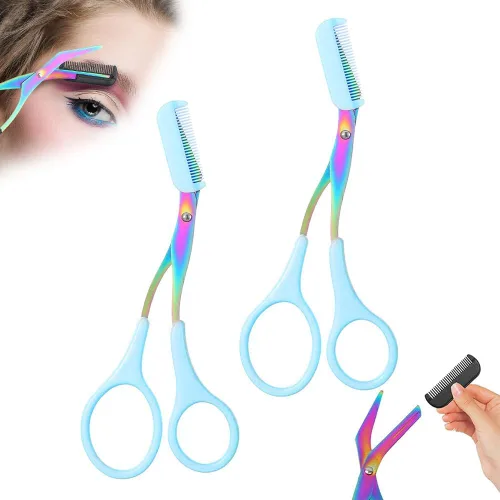 Miniatura 8 de Tijeras de cejas 2 en 1 con peine, cortador de cejas de acero inoxidable de precisión, tijeras de aseo antideslizantes para hombres y mujeres, Azul