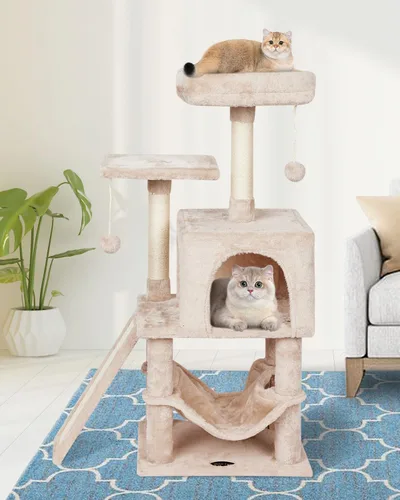 Miniatura 2 de Linda torre de árbol para gatos de interior con poste rascador para actividades modernas, hamaca colgante de bola con tabla beige