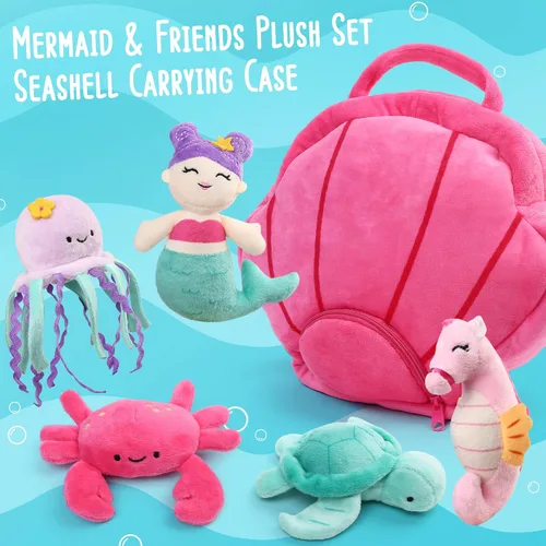 Miniatura 4 de BenBen Paquete de 5 animales de peluche del océano, juguetes de peluche de criatura marina con bolsa de transporte de concha, lindos peluches