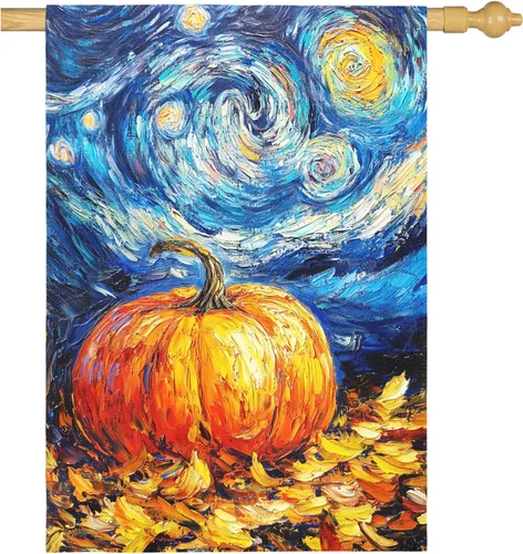 Miniatura 28 de Bandera de jardín de Halloween, bandera de jardín de calabaza Van Gogh, banderas de jardín, artes, cielo nocturno estrellado, luna, bandera