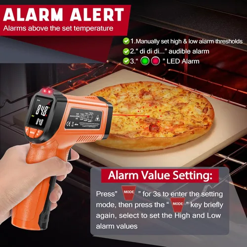 Miniatura 3 de Pistola de Termómetro Infrarrojo, Pistola de Temperatura Digital Láser sin Contacto, -58 °F a 1076 °F, Emisividad Ajustable y Valores Máx/Mín