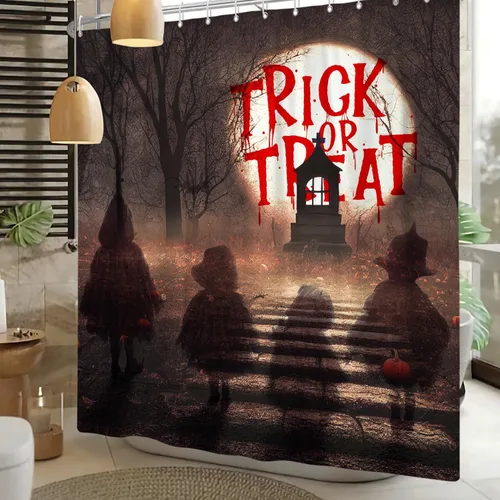 Cortina de ducha de Halloween, diseño de bosque aterrador, fantasma, luna llena, cementerio, cortina de baño, impermeable, decoración de baño, juego