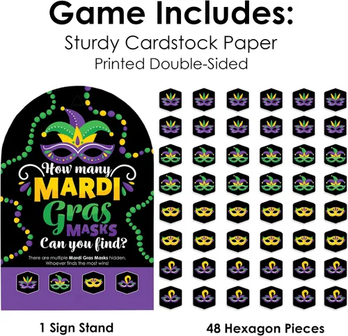 Miniatura 4 de Big Dot of Happiness Máscara colorida de Mardi Gras, caza del tesoro para fiesta de máscaras, 1 soporte y 48 piezas de juego, juego de ocultar