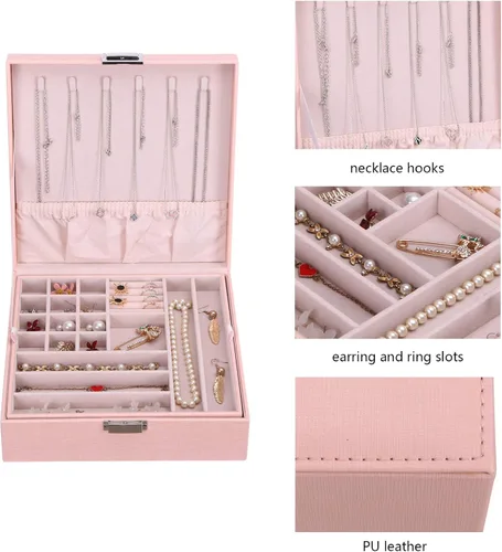 Miniatura 4 de BEWISHOME Joyero para niñas, organizador de joyas de 35 compartimentos, 6 ganchos para collares, 2 capas, cajas de joyería, estuche