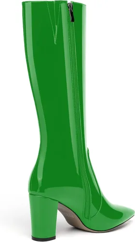 Miniatura 166 de AMBELIGHT Botas altas hasta la rodilla con cremallera y puntera puntiaguda para mujer, de patente sólida, tacón alto, 3.3 pulgadas