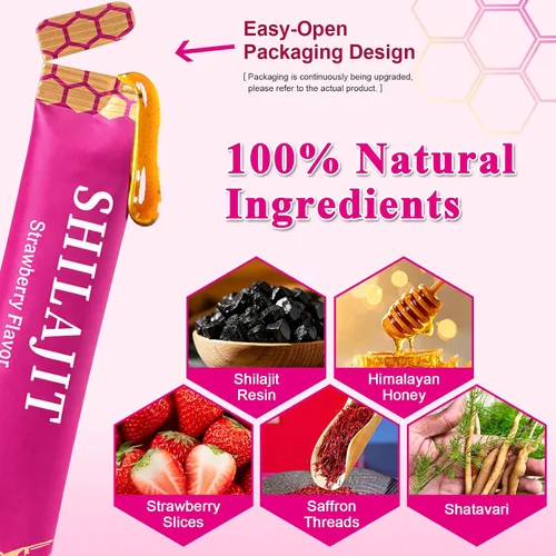 Miniatura 2 de Palitos de miel Shilajit para mujer, palitos de miel de fresa con miel orgánica, shatavari y azafrán, sabor terroso y aromático, pajitas Shilajit