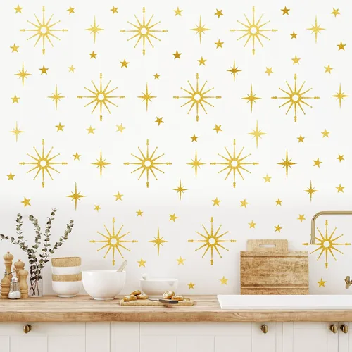 Miniatura 7 de Calcomanías de pared con estrella dorada, diseño retro de explosión de estrellas, calcomanías para dormitorio, sala de estar, decoración de techo