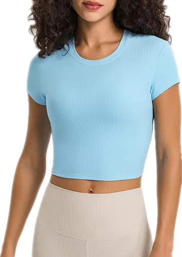 ZHENWEI Camisetas de entrenamiento de manga corta para mujer, camisetas deportivas acanaladas con cuello redondo, camisetas atléticas para gimnasio,