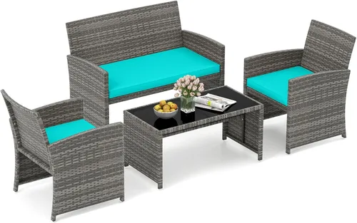 Miniatura 31 de HAPPYGRILL Juego de 4 muebles de mimbre para exteriores con mesa de centro de vidrio templado, cojines suaves, juego de sillas de ratán resistentes