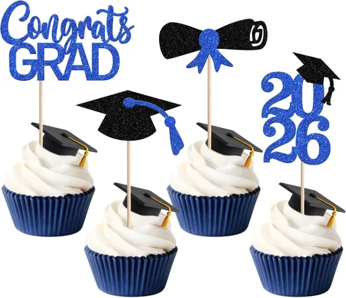 Miniatura 52 de Rsstarxi Paquete de 24 adornos para cupcakes de graduación 2026, con purpurina azul, para la clase de 2026, para diplomas, 24 piezas (6 diseños)