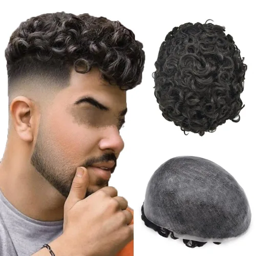 Miniatura 13 de LYRICAL HAIR Afro Toupee para hombres negros, sistemas de reemplazo de cabello humano afro ondulado de 0.236 pulgadas, inyección de poliuretano