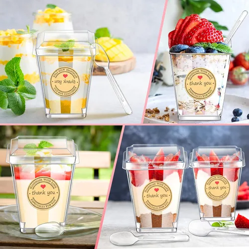Miniatura 6 de Sieral Paquete de 100 tazas de plástico de postre de 5 onzas con tapas, cucharas, calcomanías, mini vasos transparentes de yogur para aperitivos