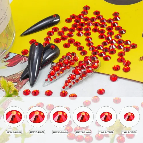 Miniatura 2 de 2400 diamantes de imitación para arte de uñas, gemas de diamantes de imitación rojos con parte trasera plana, cristal redondo, siam, 6 tamaños