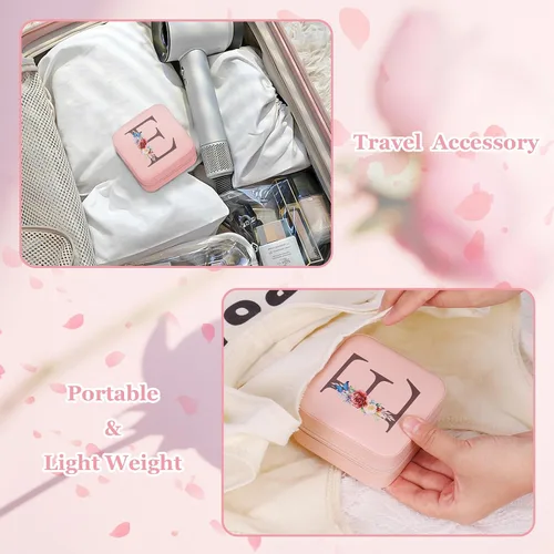 Miniatura 5 de Joyero de viaje, pequeño joyero, regalos para mujeres y niñas, mini organizador de joyas portátil rosa para aretes, anillos, collares con inicial D