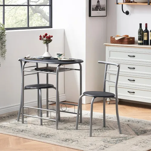 Miniatura 7 de VECELO Juego de mesa redonda y silla de madera de 3 piezas para comedor, cocina, bar, desayuno, con estante de almacenamiento de vino, ahorro