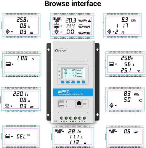 Miniatura 8 de EPEVER Controlador de carga solar MPPT 20A 12V/24V Auto Panel Solar Regulador de carga con pantalla LED y LCD Puerto USB doble y MT50 Medidor remoto
