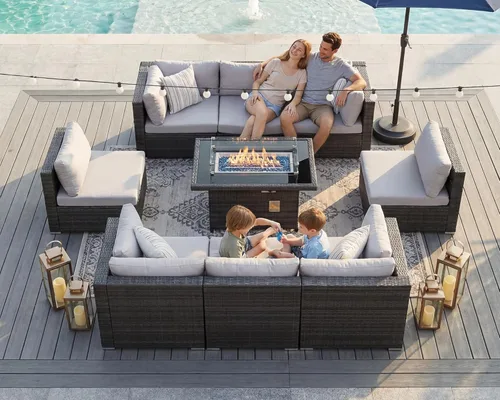 Miniatura 18 de BULEXYARD Juego de 7 piezas de sofá seccional para exteriores con respaldo alto, mesa para fogatas, juego de muebles de patio de mimbre resistente a