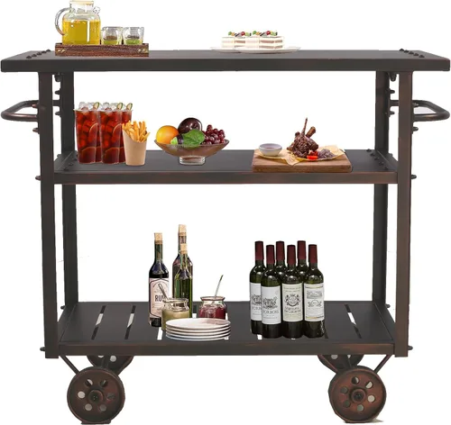 Miniatura 9 de Topower Carrito de bar industrial, carrito de servicio con ruedas y asa, carrito de metal para bebidas de 3 niveles con bandeja extraíble y estantes