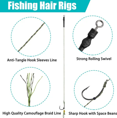 Miniatura 4 de Kits de aparejo de pesca de carpa, 26 piezas/30 piezas, juegos de anzuelos curvados de púas giratorias, paradas de cebo y cuerdas de cebo de pesca