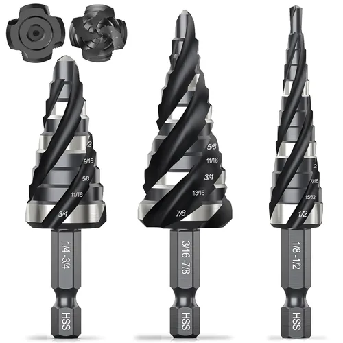 Miniatura 9 de THINKWORK Juego de 4 brocas en espiral con paso de flauta (métrico), 5 brocas escalonadas HSS (0.157 in-1.378 in), brocas de paso Unibit con vástago
