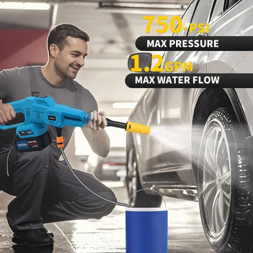 Miniatura 2 de Lavadora a presión inalámbrica, limpiador eléctrico portátil, agua de alta presión de 750 PSI, 3 velocidades, boquilla 6 en 1 lavadora a presión