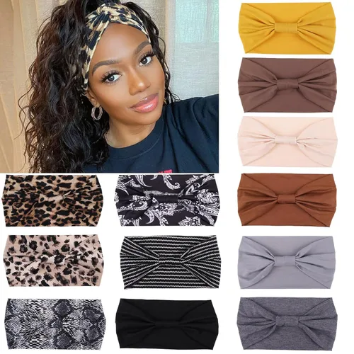 Miniatura 18 de Xtrend Paquete de 4 bandas anchas para el cabello para mujer, bandanas negras de moda, estilo bohemio, bandas gruesas para el cabello, grandes