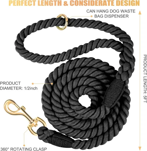Miniatura 2 de Correa para perro de 5 pies hecha a mano de cuerda de algodón trenzada para perros pequeños, medianos y grandes, cierre de metal dorado resistente