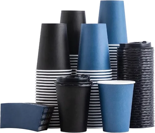 Miniatura 10 de SIUQ Paquete de 100 tazas de café de 12 onzas con tapas, tazas de café de papel desechables con fundas para bebidas calientes/frías, fiestas