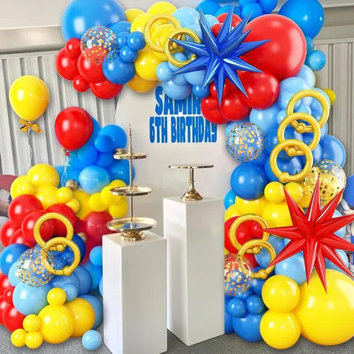 Miniatura 3 de Kit de arco de globos de dibujos animados, 184 globos largos de confeti de color rojo, amarillo, azul, dorado con globo de aluminio de estrella