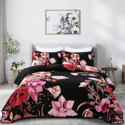 Juego de colcha floral tamaño Queen de 3 piezas, juego de colcha con estampado floral rojo suave de microfibra ligera, cubrecama acolchado negro