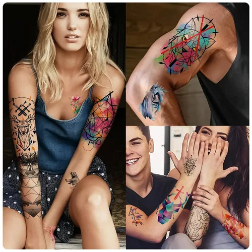 Miniatura 3 de 77 hojas de tatuajes temporales geométricos de animales, 17 hojas de medio brazo 3D de leones, zorro, lobo, búho, tigre, tatuajes falsos