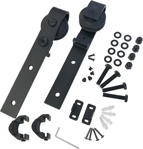 Miniatura 15 de Homacer Kit de herrajes para puerta corrediza de granero sin derivación, color negro, rústico, para una sola puerta, pista plana de 4 pies de largo