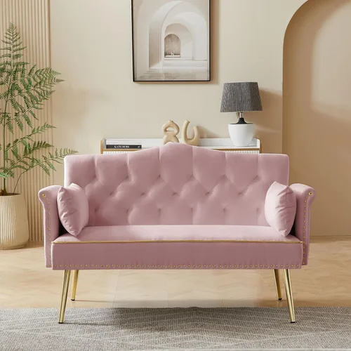 Miniatura 9 de hansones Sofá biplaza moderno de terciopelo de 55 pulgadas con patas de metal dorado y bolsillos laterales, respaldo copetudo, perfecto para sala