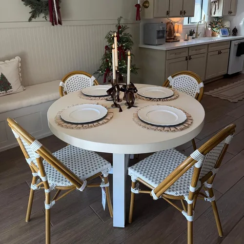 Miniatura 13 de PURPLE LEAF Juego de 1 silla de comedor al aire libre, marco de aluminio francés en acabado de bambú con ratán tejido ámbar y blanco para cocina
