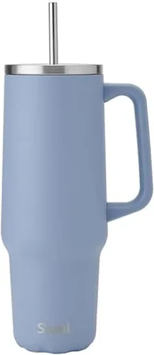Miniatura 12 de S'well Vaso de acero inoxidable reciclado XL con popote y asa, 40 onzas, azurita, contenedor aislado al vacío de triple capa mantiene las bebidas