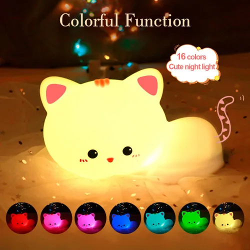 Miniatura 2 de Luz nocturna LED de gato, 16 colores regulables para guardería, luz nocturna kawaii, súper blanda de silicona recargable por USB, lámpara de noche