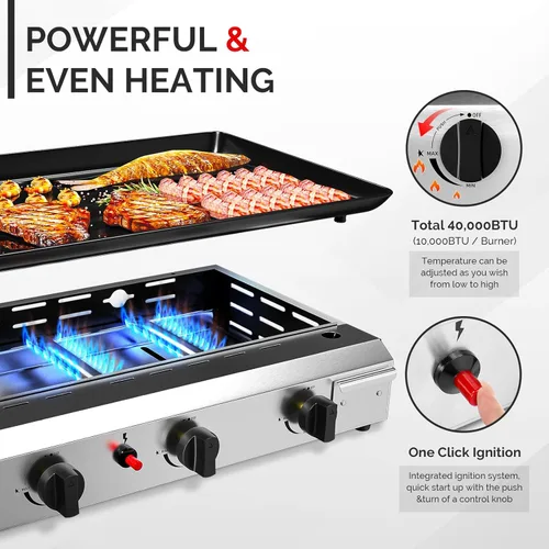 Miniatura 3 de ROVSUN - Parrilla portátil de 4 quemadores de propano con bandeja esmaltada antiadherente, parrilla de gas de 40,000 BTU con encendido electrónico