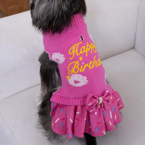 Miniatura 3 de CuteBone Suéter rosa para perro, vestido de feliz cumpleaños, suéter para mascotas, suéteres para perros grandes con corbatín, ropa de cachorro