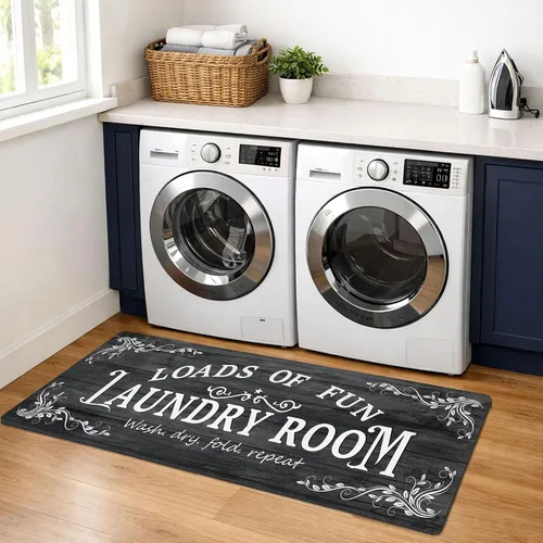 Miniatura 15 de Lansny Alfombra de lavandería de 20 x 60 pulgadas, antideslizante, impermeable, para decoración de cuarto de servicio, lavable, alfombra de Gris