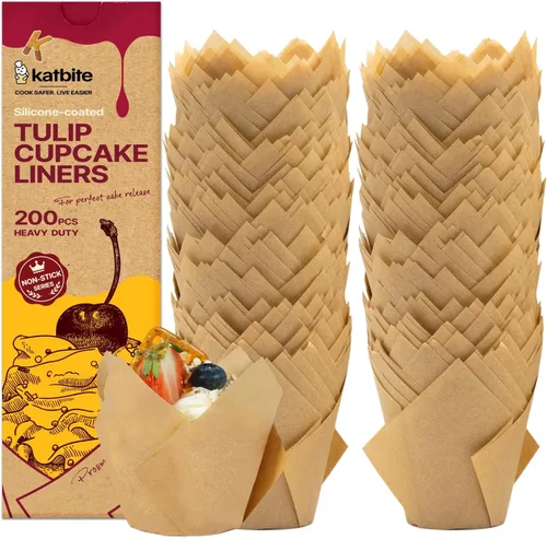 Miniatura 13 de Katbite 200 forros para cupcakes de tulipán, soportes para magdalenas, tazas para hornear, envoltura de cupcakes para fiestas, bodas, cumpleaños