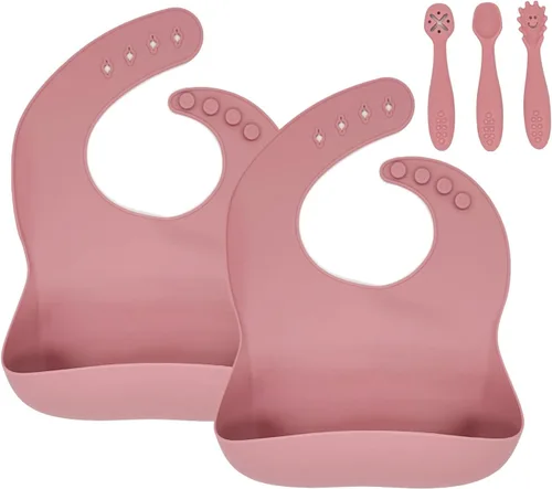 Miniatura 7 de Baberos de silicona para bebés, 2 unidades, con cucharas de silicona para bebés, impermeables, suaves