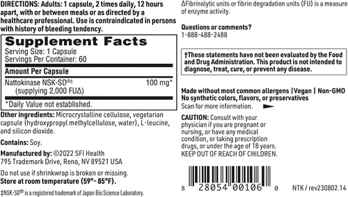 Miniatura 5 de Klaire Labs SFI Health Nattokinase NSK-SD - Enzima proteolítica para apoyo cardiovascular, sin lácteos y sin gluten (60 cápsulas)
