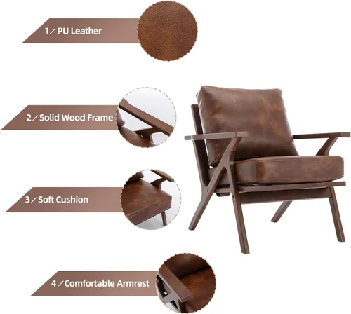 Miniatura 3 de INZOY Sillón moderno, estilo Accent de mitades de siglo, con marco de madera, de piel sintética, para sala de estar y dormitorio, sillón acolchado