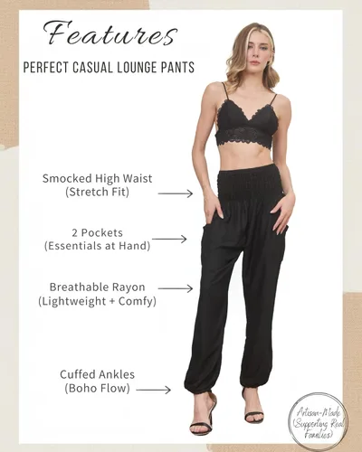 Miniatura 2 de Boho Pants Pantalones harén fluidos de 2 bolsillos para mujer, para yoga, viajes, ropa hippie