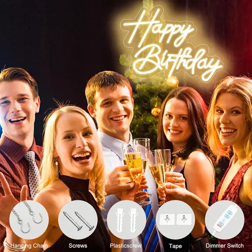 Miniatura 8 de Letrero de neón de feliz cumpleaños para decoración de pared, letrero de neón LED alimentado por USB con brillo regulable, ideal para fiestas
