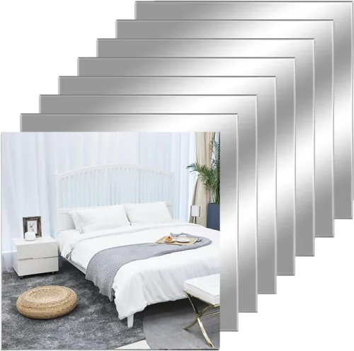 Hojas de espejo flexibles de acrílico de 12" x 12", paquete de 8 azulejos de espejo cuadrados autoadhesivos cortables, calcomanías de pared, espejos